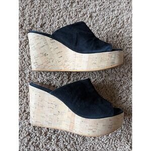 RossOro Classic Black Suede Leather Cork Wedge Mule Sandal Shoes Italy EU 35